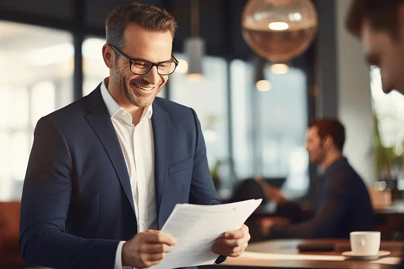 Busienss man reading documents in a cafe